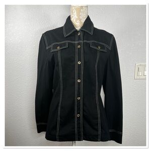 St. John Sport by Marie Gray Black Button-Up Jacket with White Stitching Sz P